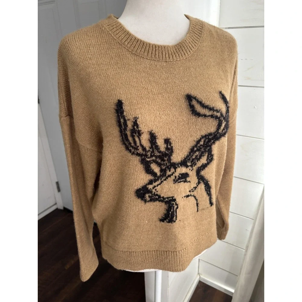 Anthropologie Sweater Womens Small Beige Deer Graphic Knit‎ Crewneck Pullover